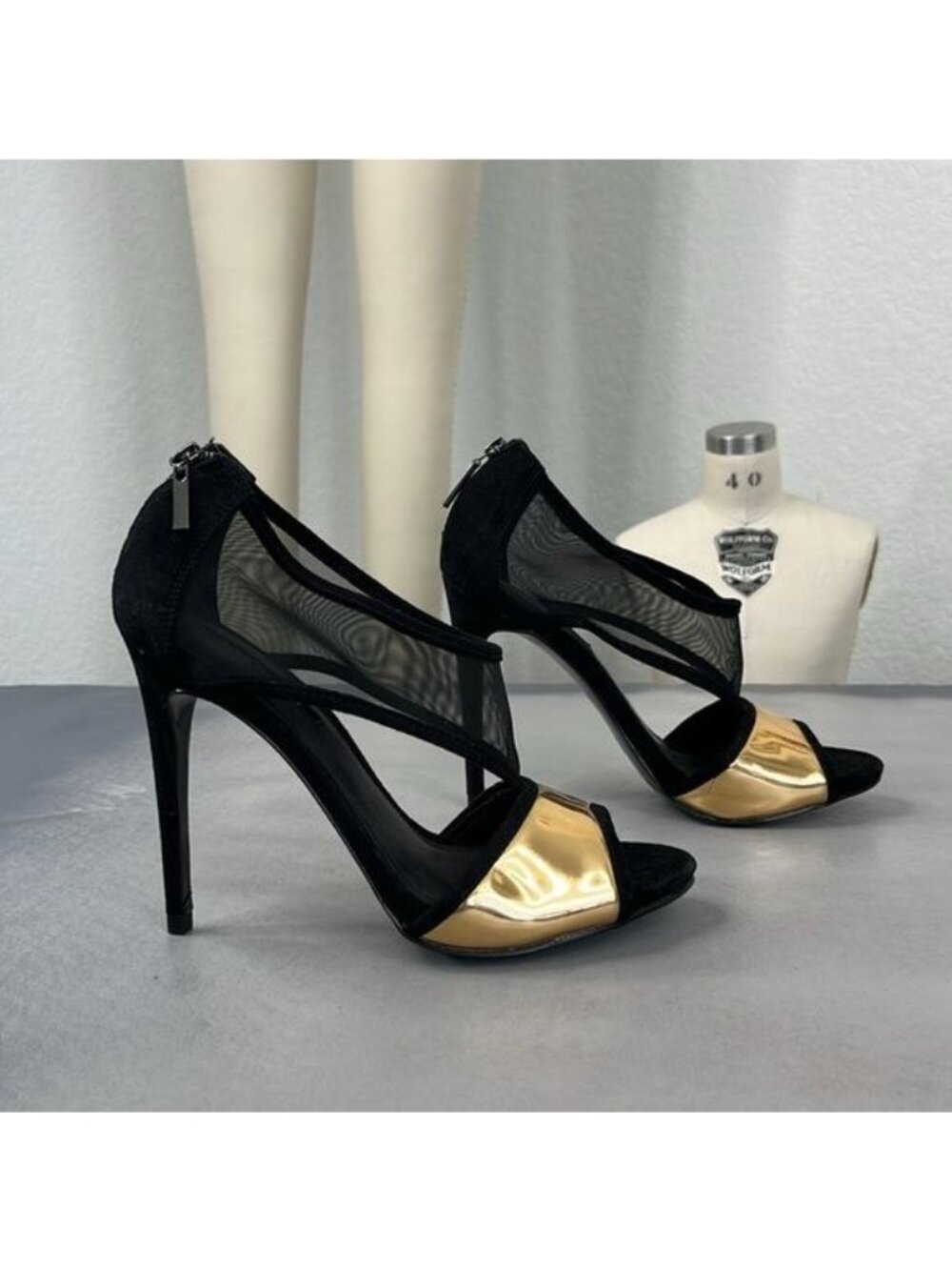 Zara Mesh T Strap Metallic Gold Suede Wrapped Zip High Heels Open Toe